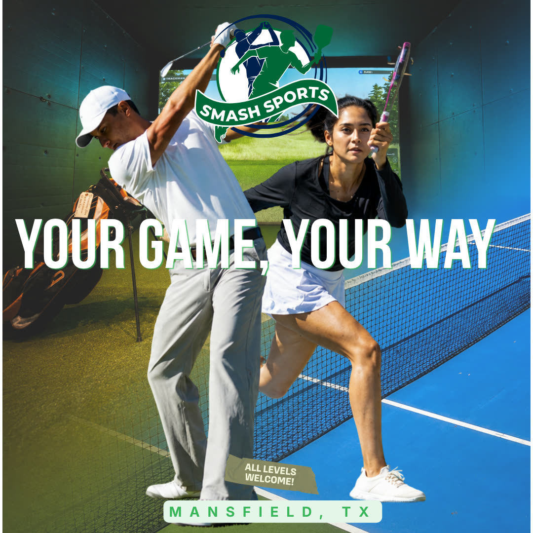 A golfer mid-swing and a pickleball player rallying at Smash Sports in Mansfield, TX
